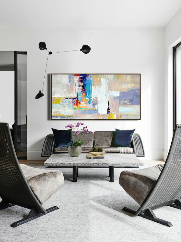 Large Abstract Art Handmade Oil Painting,Horizontal Palette Knife Contemporary Art Panoramic Canvas Painting,Big Wall Art For Living Room,Grey,White,Blue,Purple.etc